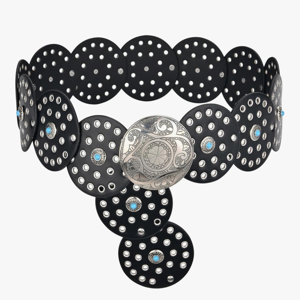 Western Leather Belt Boho Black and Silver Polka Dot Belt fits ways many sizes - Picture 2 of 8